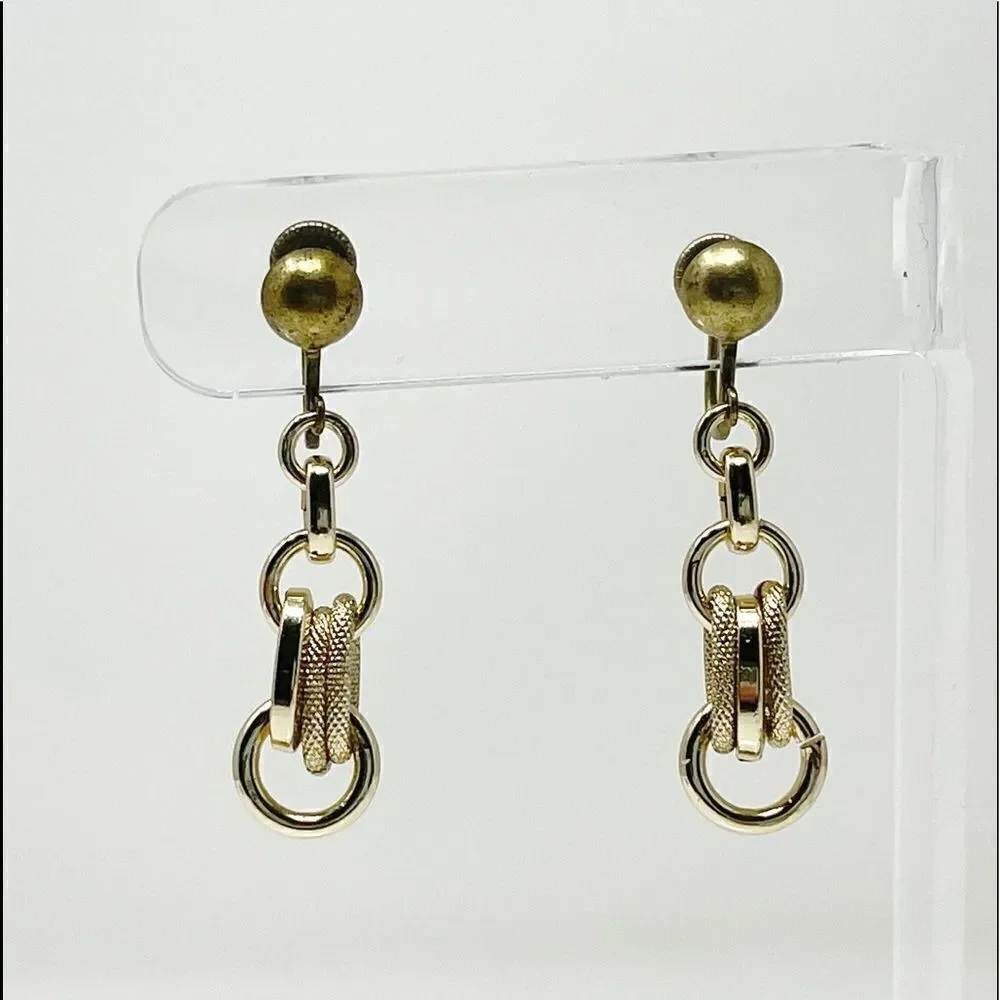 Vintage Costume Jewelry Screw Back Gold Toned Chain Link Dangle Earrings